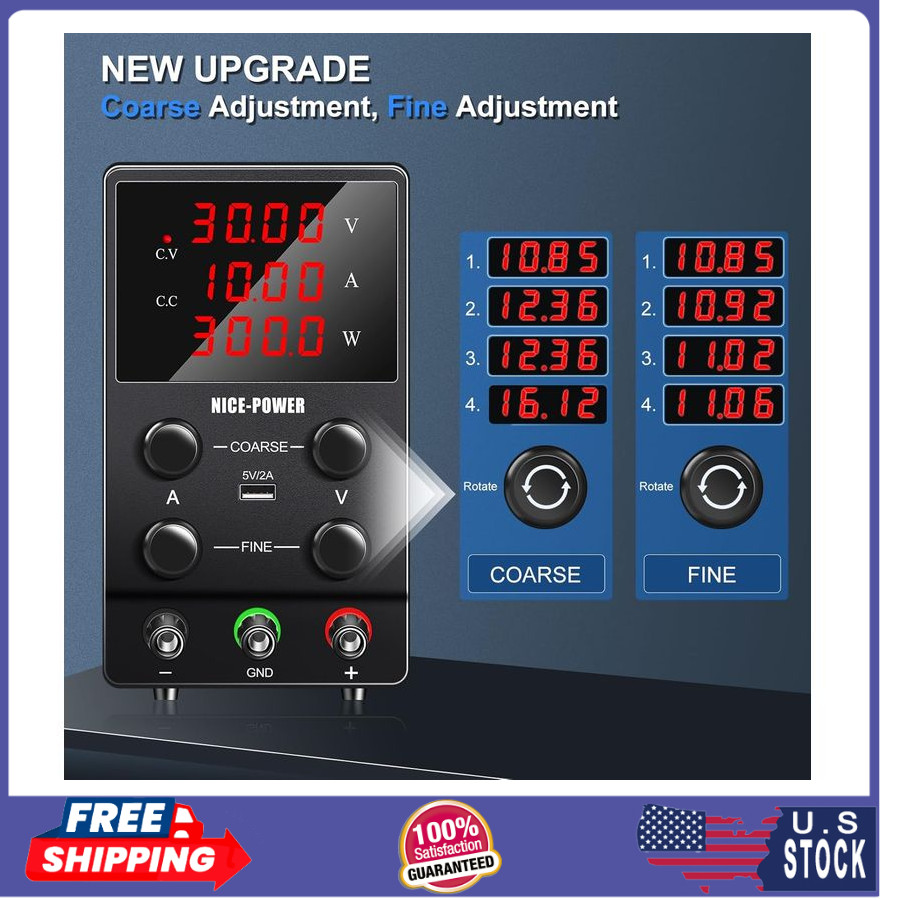 DC Power Supply Variable: 30V 10A Adjustable Switching 4-Digits LED 5V/2A USB