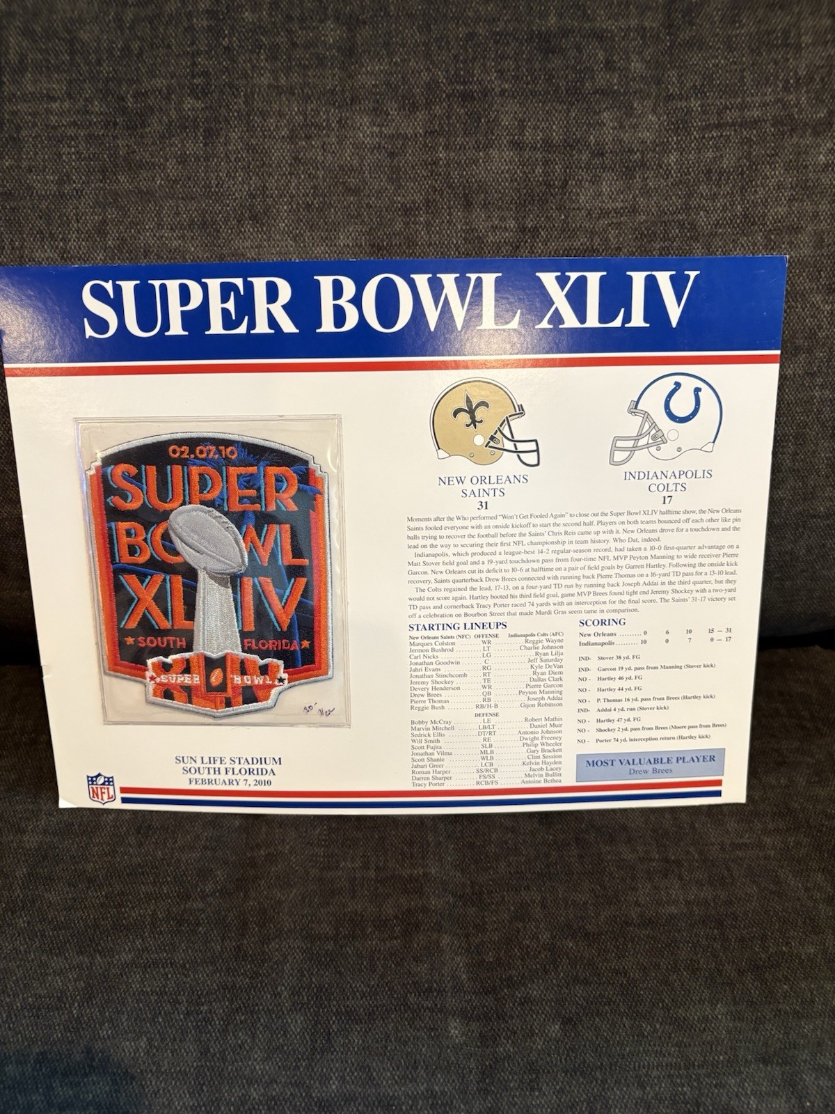 RARE VINTAGE🏈”SUPER BOWL”XLIV FOOTBALL PATCH AND STAT CARD👀LQQK👀