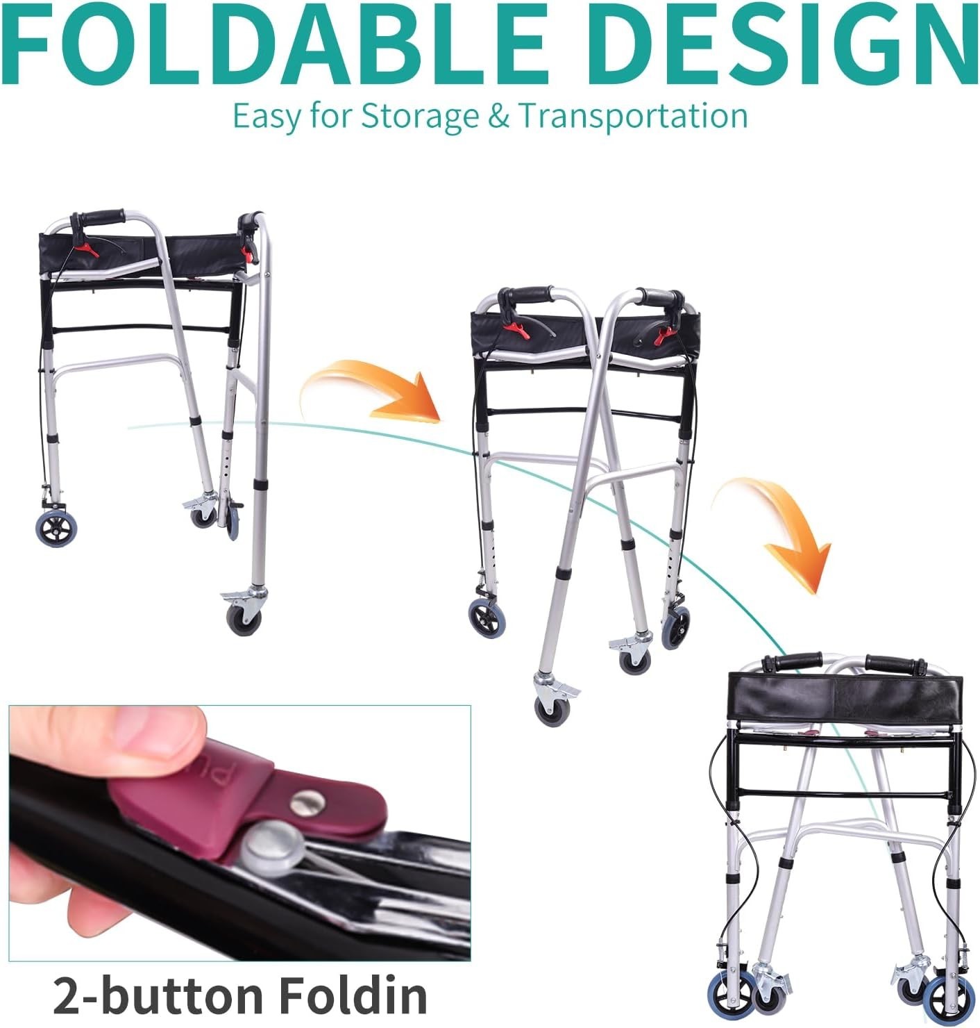 2-Button Folding Walker Height Adjustable Walking Aid with Seat 4 Wheels Brakes