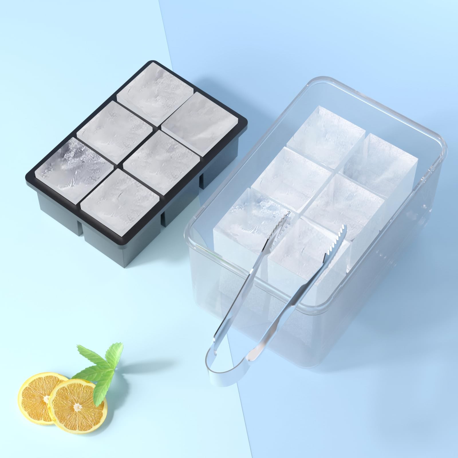 Samuelworld Large Ice Cube Tray with Lid and 6 Cube*3(With Bin), Black