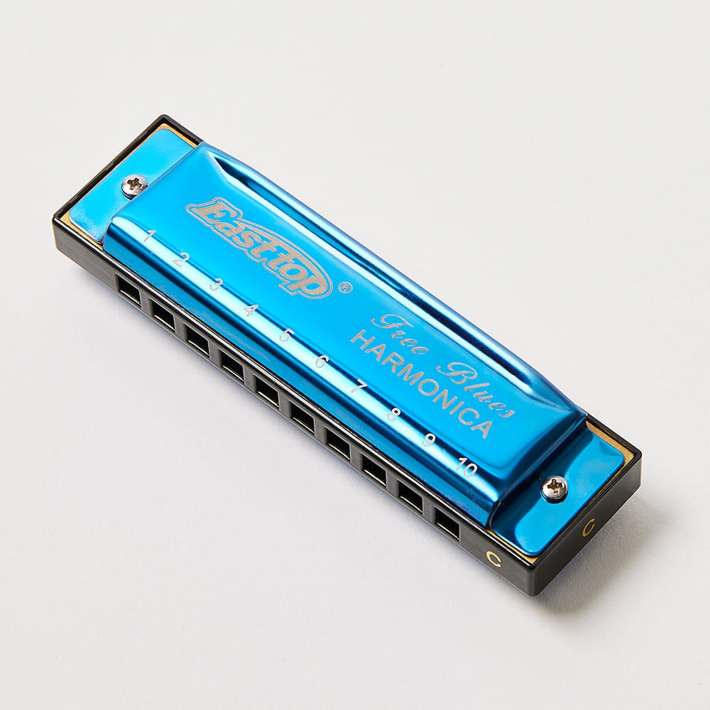 Blue Diatonic Harmonica 10 Hole Brass Reed Pocket Harmonica with Storage Box