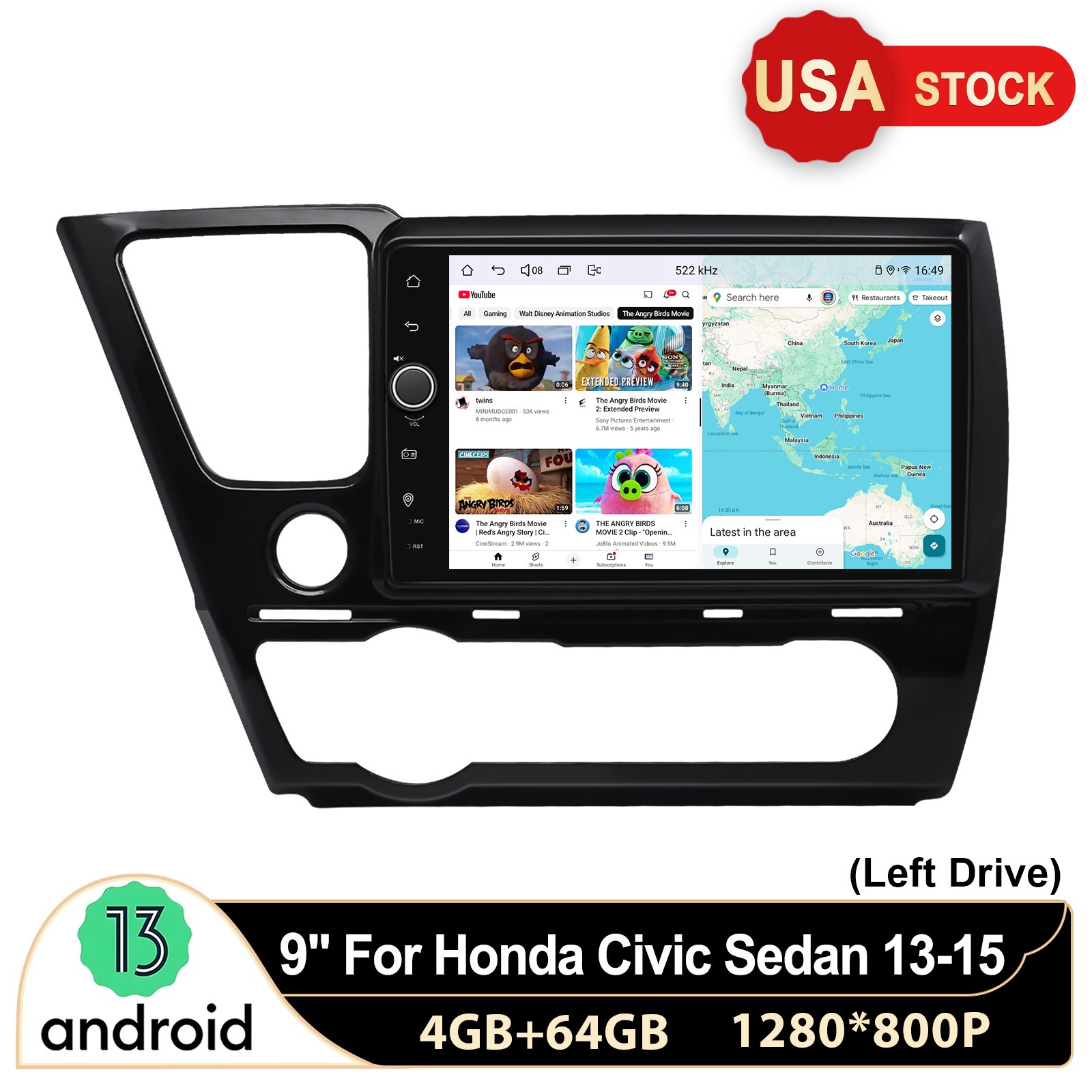 For 2014 2015 Honda Civic EX / EX-L Sedan 4+64GB 9 Inch Android Car Stereo Radio