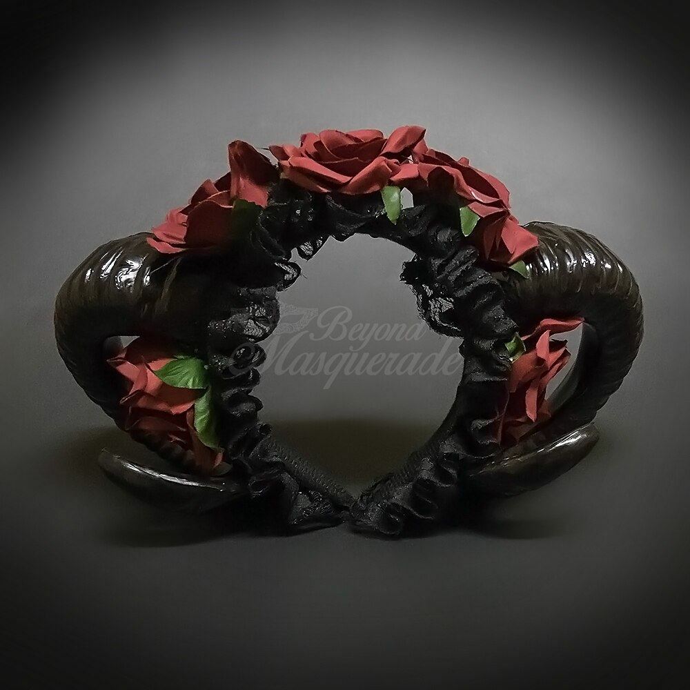 Ram Headband Black Horns Red Roses