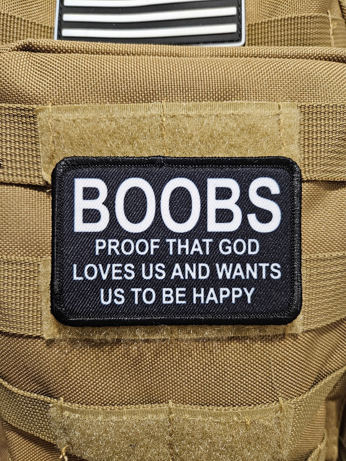 Boobs proof that God loves us and wants us happy meme 2"x3" hook & loop patch