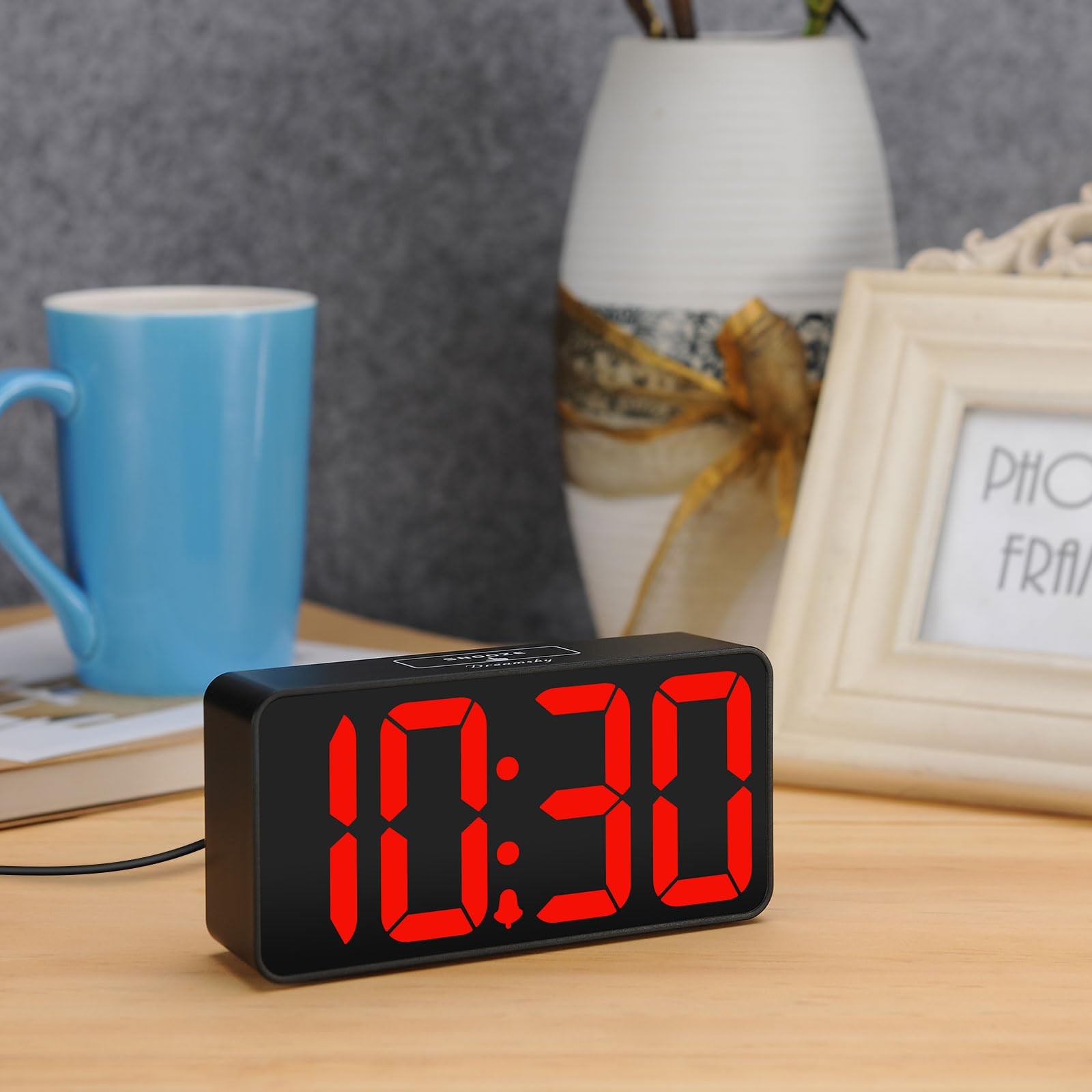 DreamSky Small Digital Alarm Clock for Bedroom, Small, Black Case Red Digits