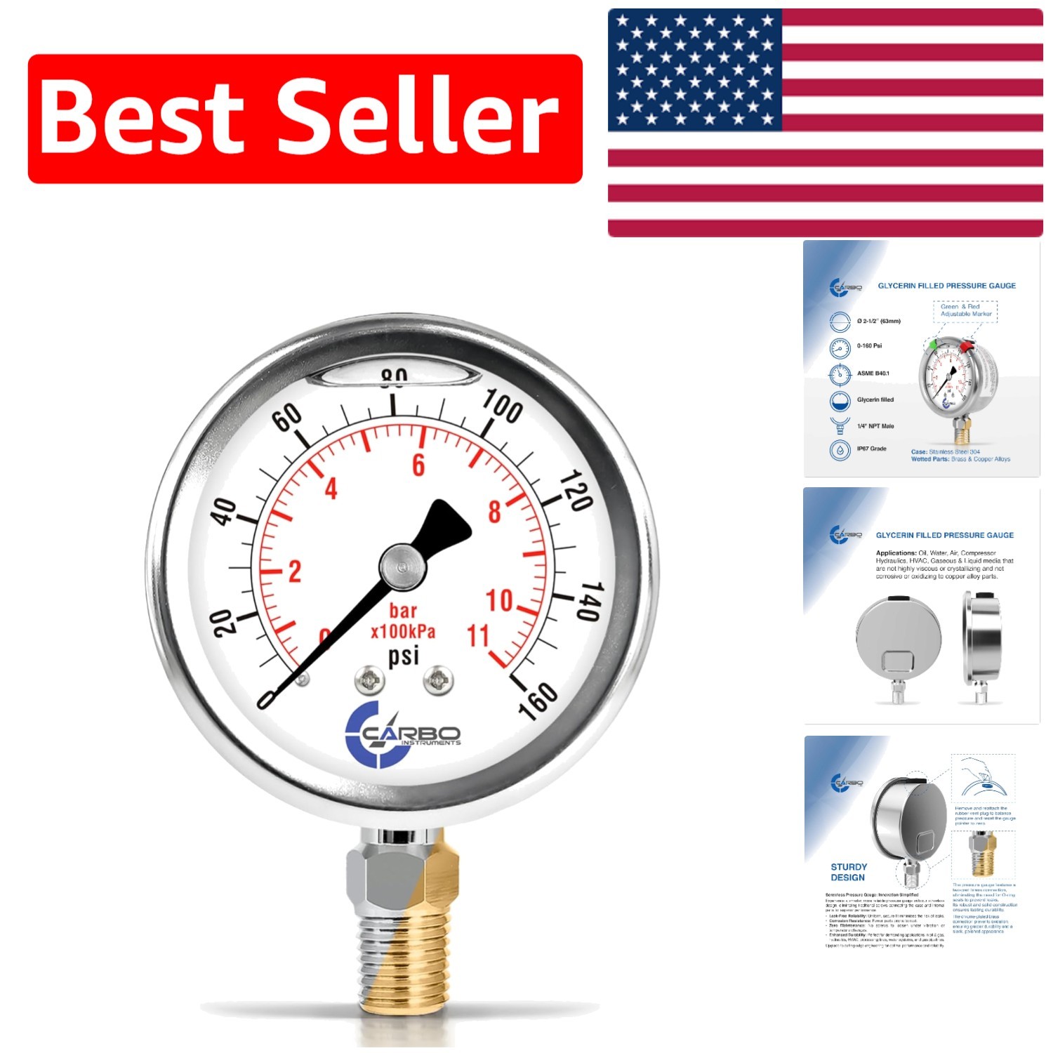 Liquid-Filled Stainless Steel Pressure Gauge 0-160 psi/kPa for Hydraulics & Air