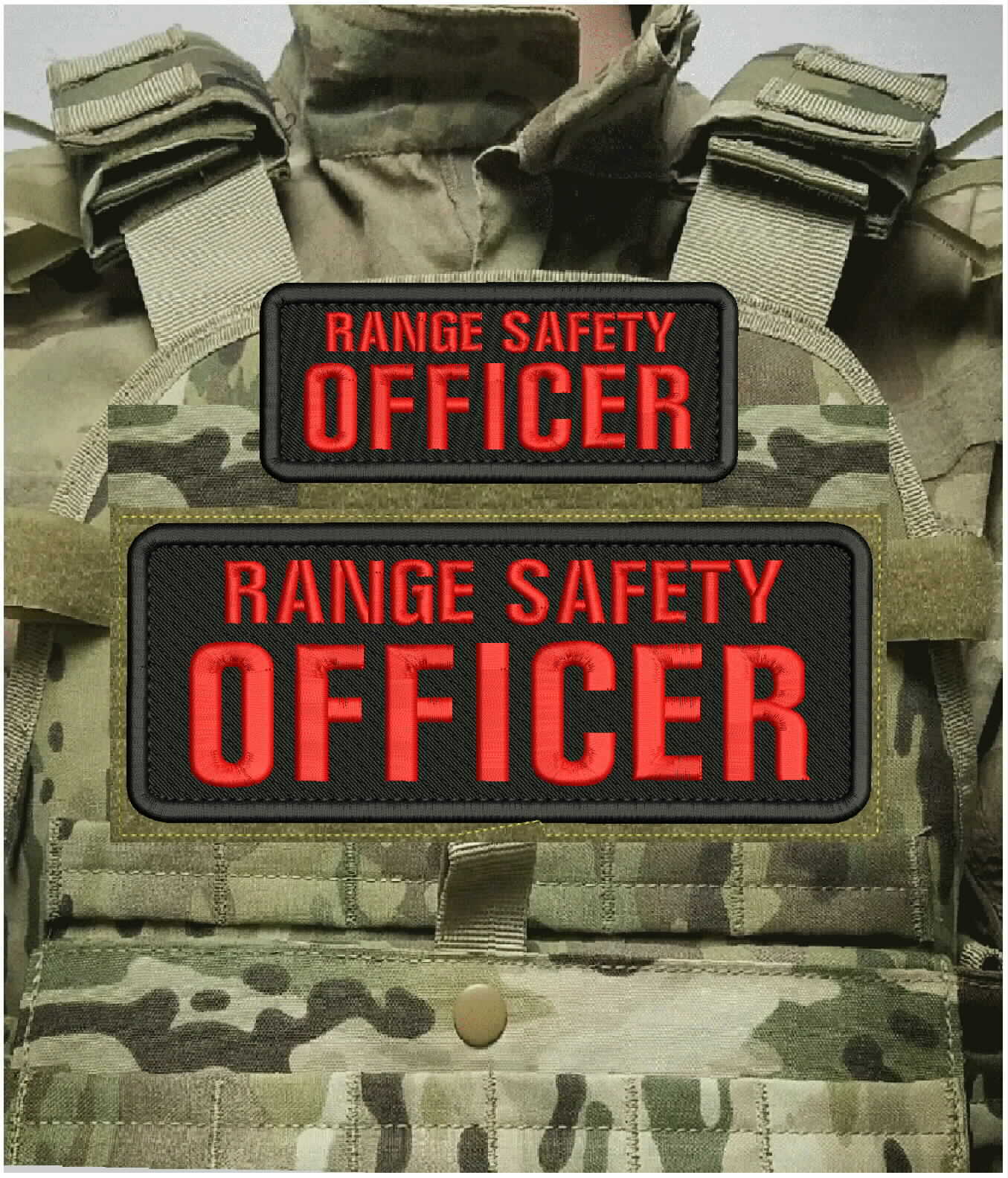 RANGE SAFETY OFFICER EMBROIDERY PATCH 3X8 & 2X5 HOOK ON BACK BLK/RED