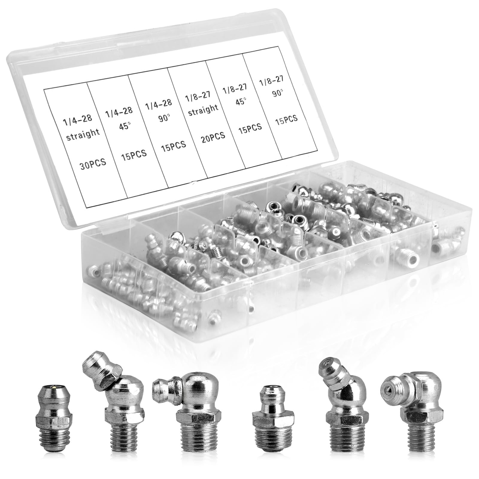 110Pcs Hydraulic Grease Fittings Assortment Kit, SAE Zerk Fittings: 1/4"