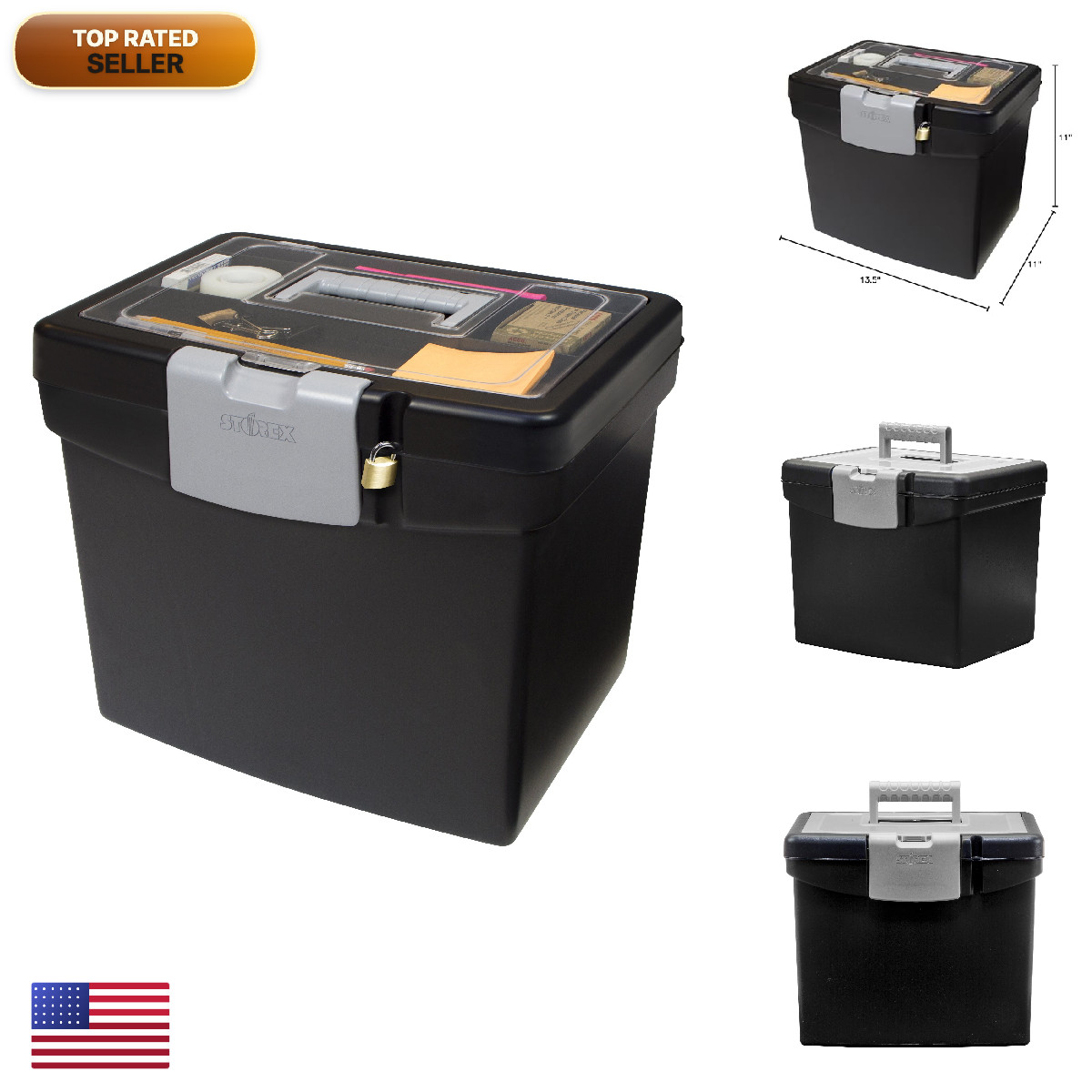 Storex 61504B02C Portable File Xl Lid 11 X 13-1/2 X 11 Inches Black