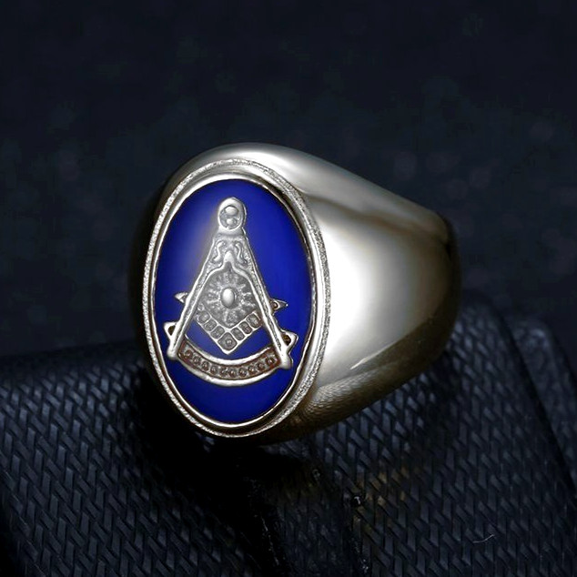 Oval Blue Enamel Masonic Ring Stainless Steel Men Women Freemason Ring Size 7-15