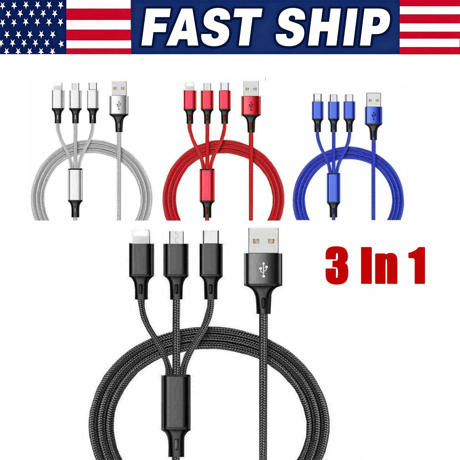 3in1 Fast USB Charging Cable Universal Multi Function CellPhone Charger Cord Lot