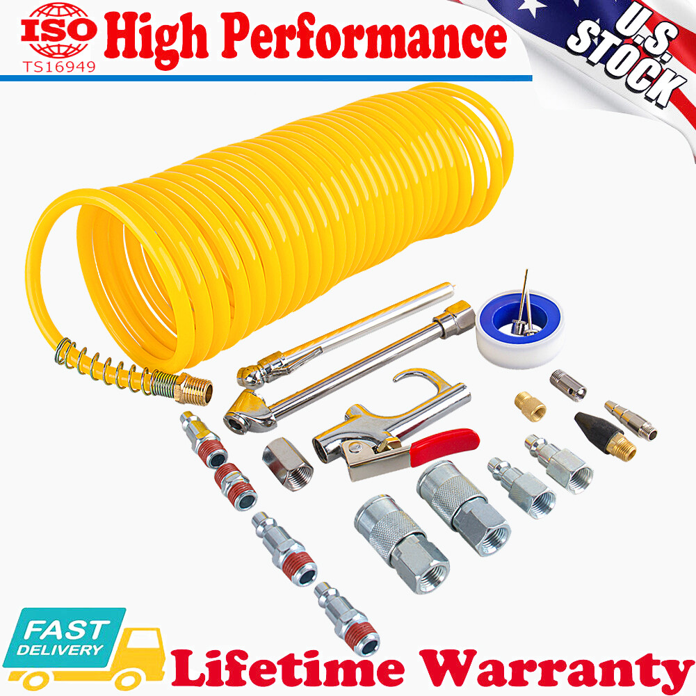 20 Pack Air Compressor Accessory Kit 25Ft Recoil Hose Gun Nozzles Set 1/4" NPT
