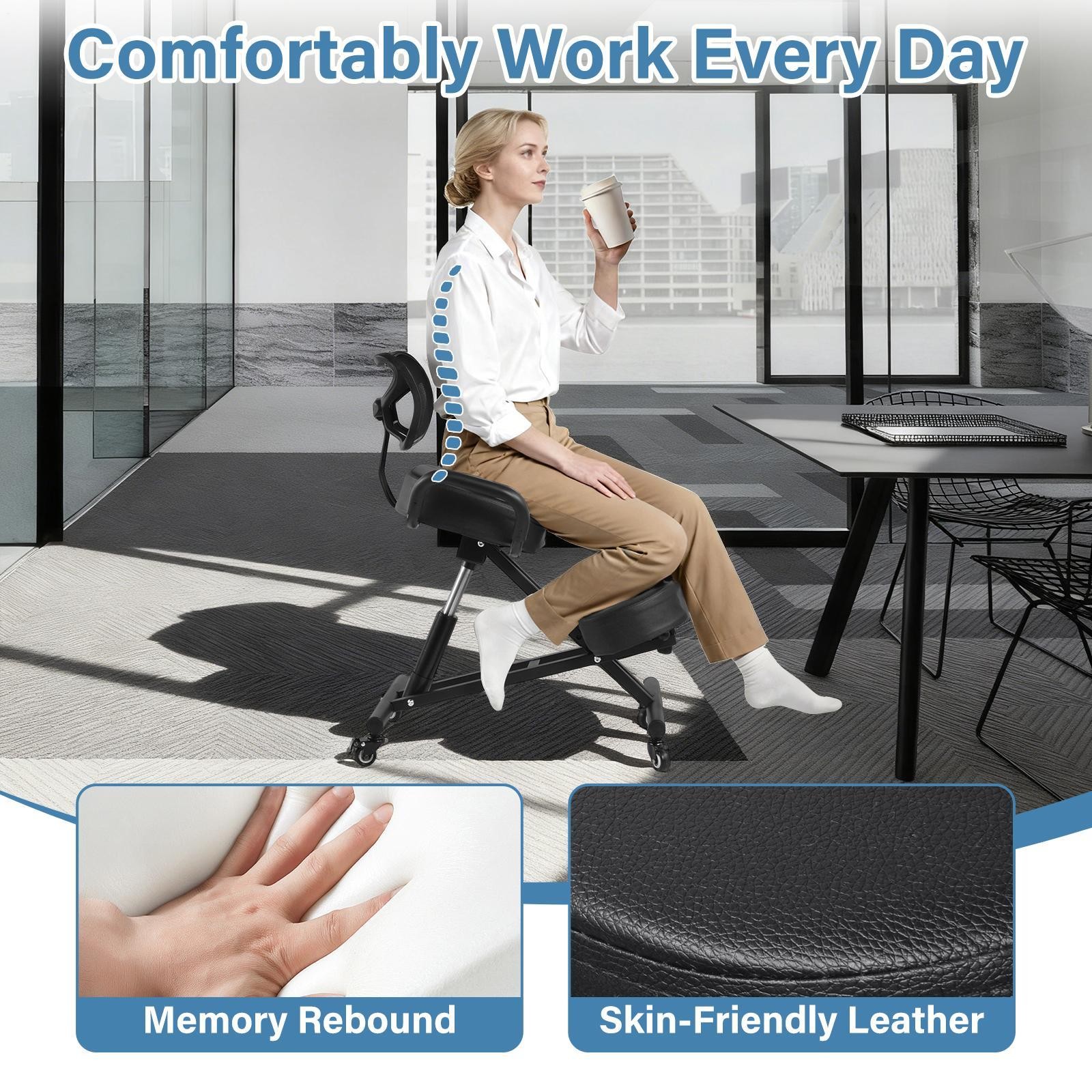 Ergonomic Kneeling Chair with Backrest and Wheels, X-Shaped Design