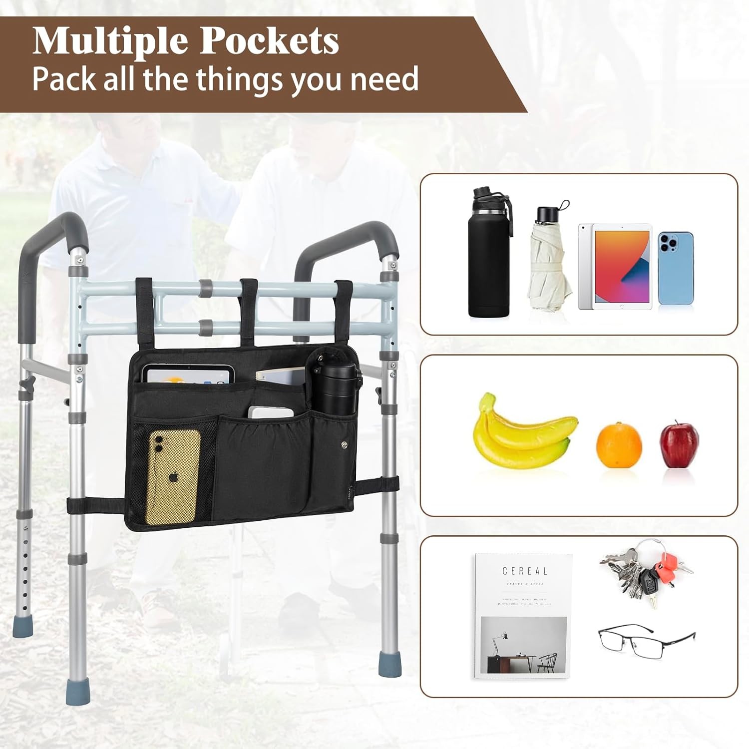 Walker Bag Multiple Pockets Basket for Folding with Cup Black