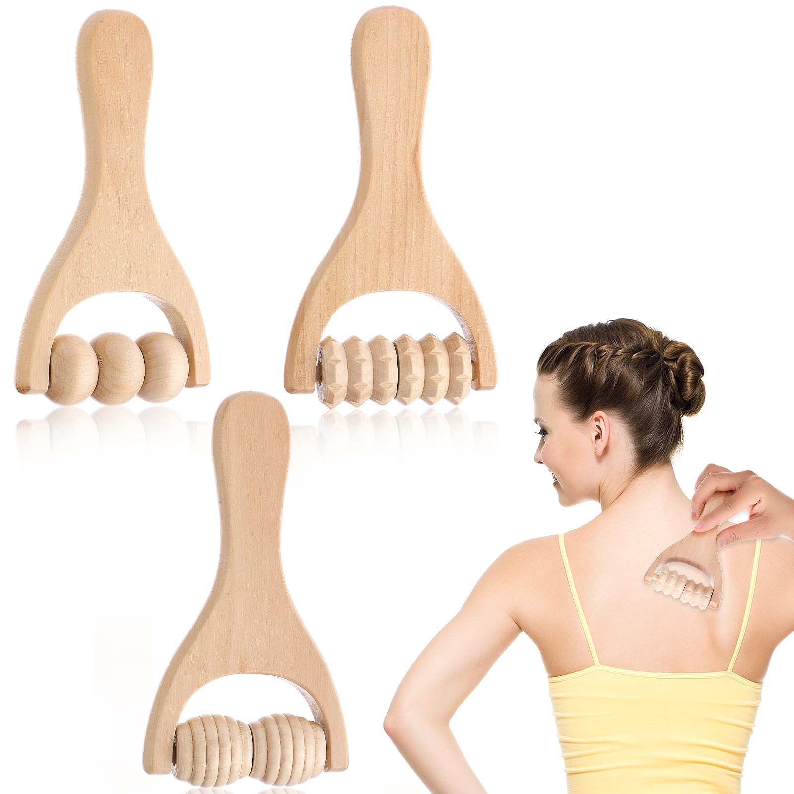 Abeillo 3Pcs Wooden Hand Massage Roller, Muscle Roller Stick, Manual Beige