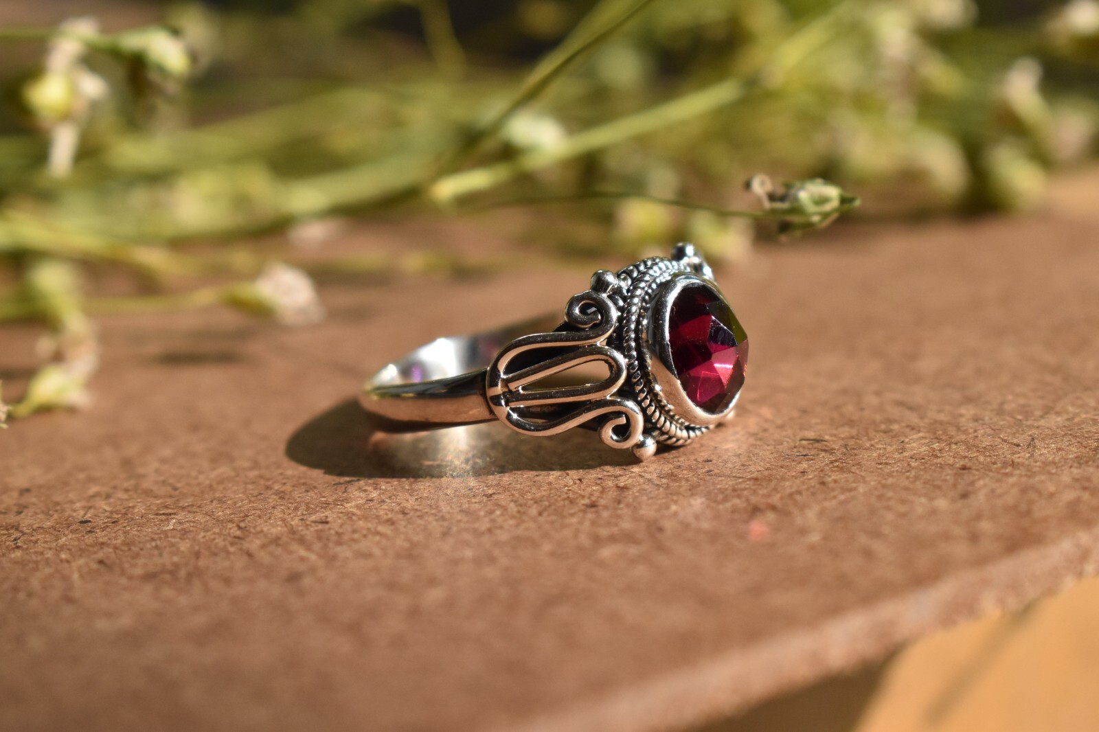 Red Garnet Handmade Ring 925 Sterling Silver Boho Design