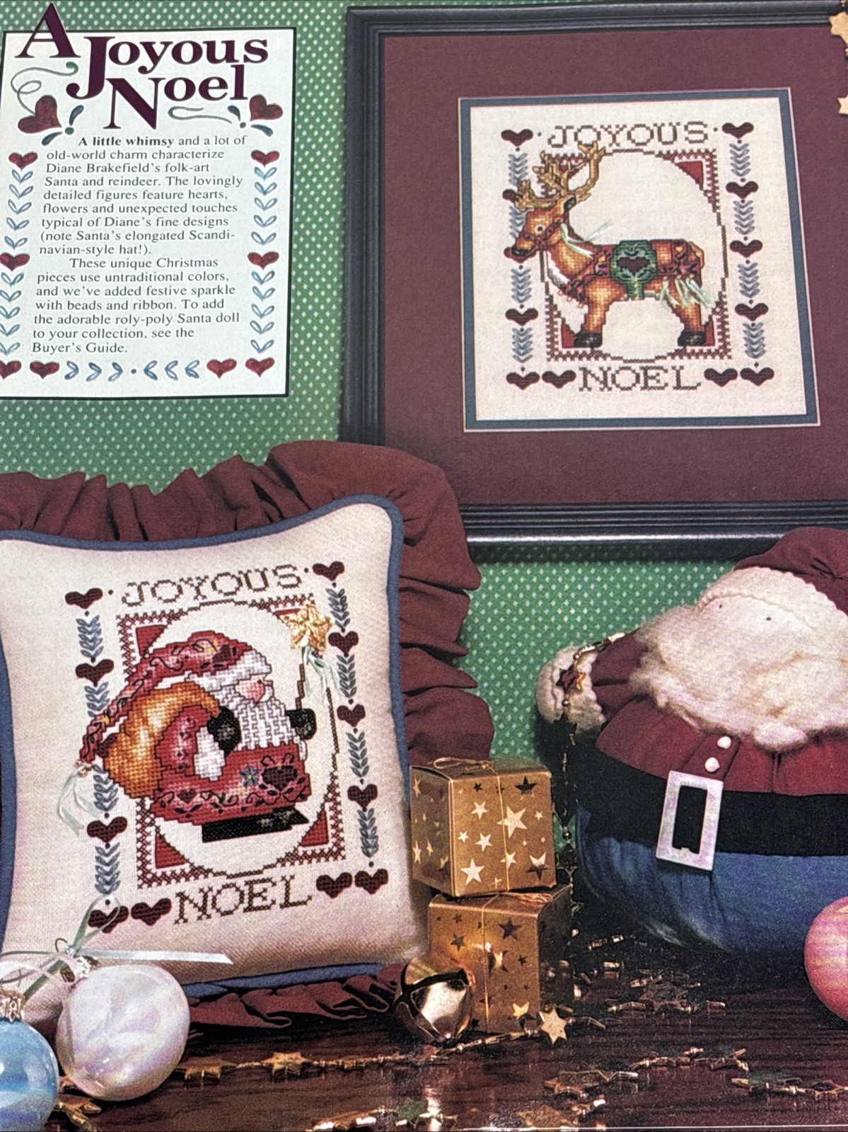 Folk Art Santa Reindeer 2 Designs Cross Stitch Pattern Pages From Magazine