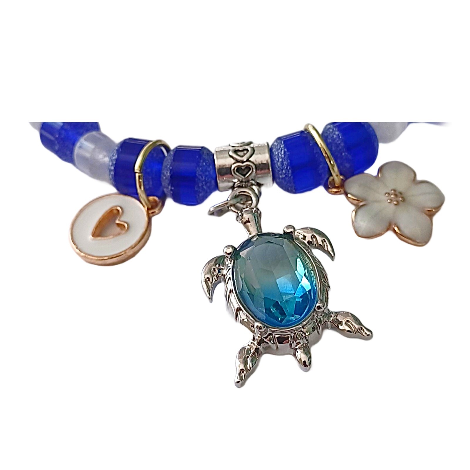 Blue and Clear Beaded Bracelet and Turtle Charm