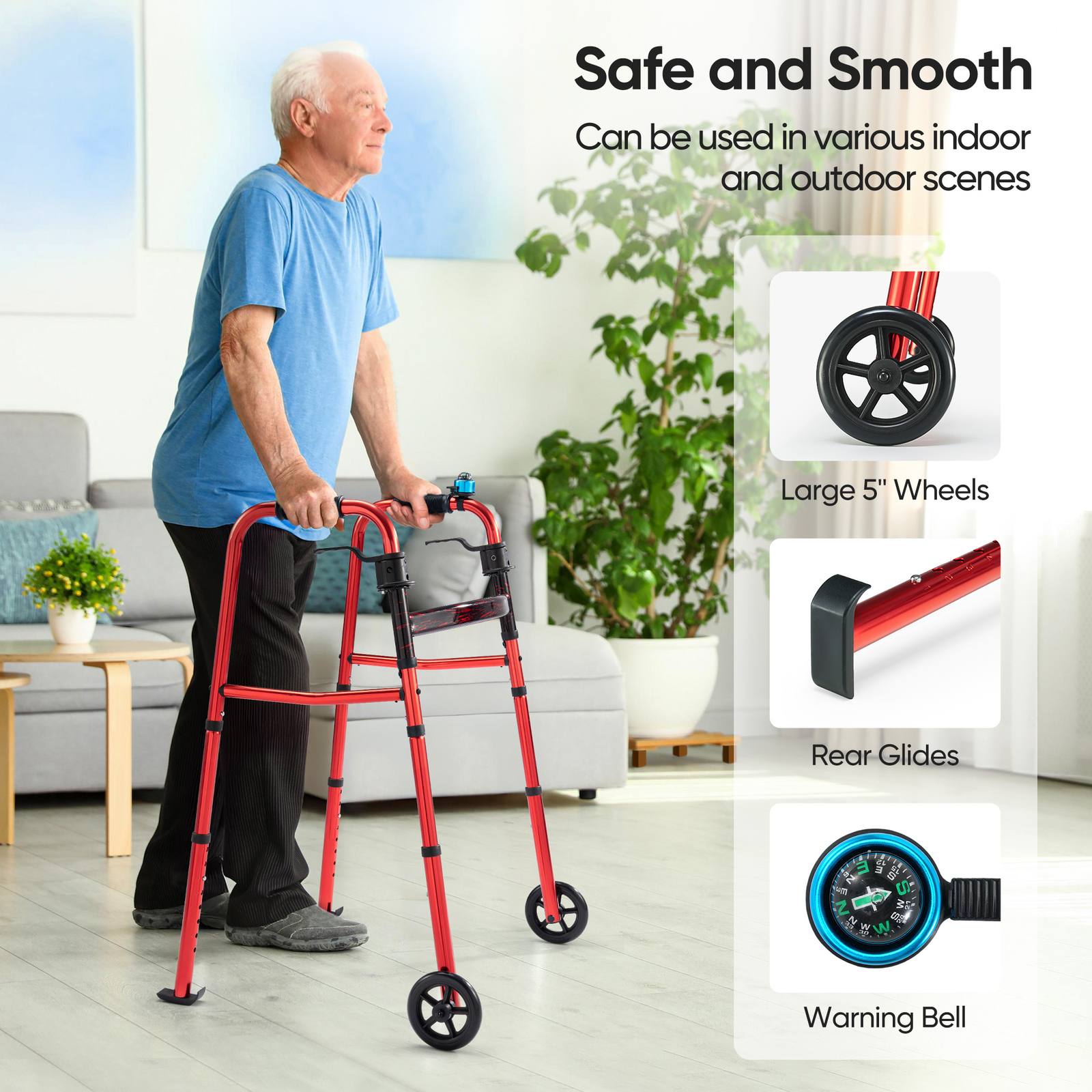 Front Wheeled Senior Walker Foldable 8" Wheels and Bell 350lb Load Capacity