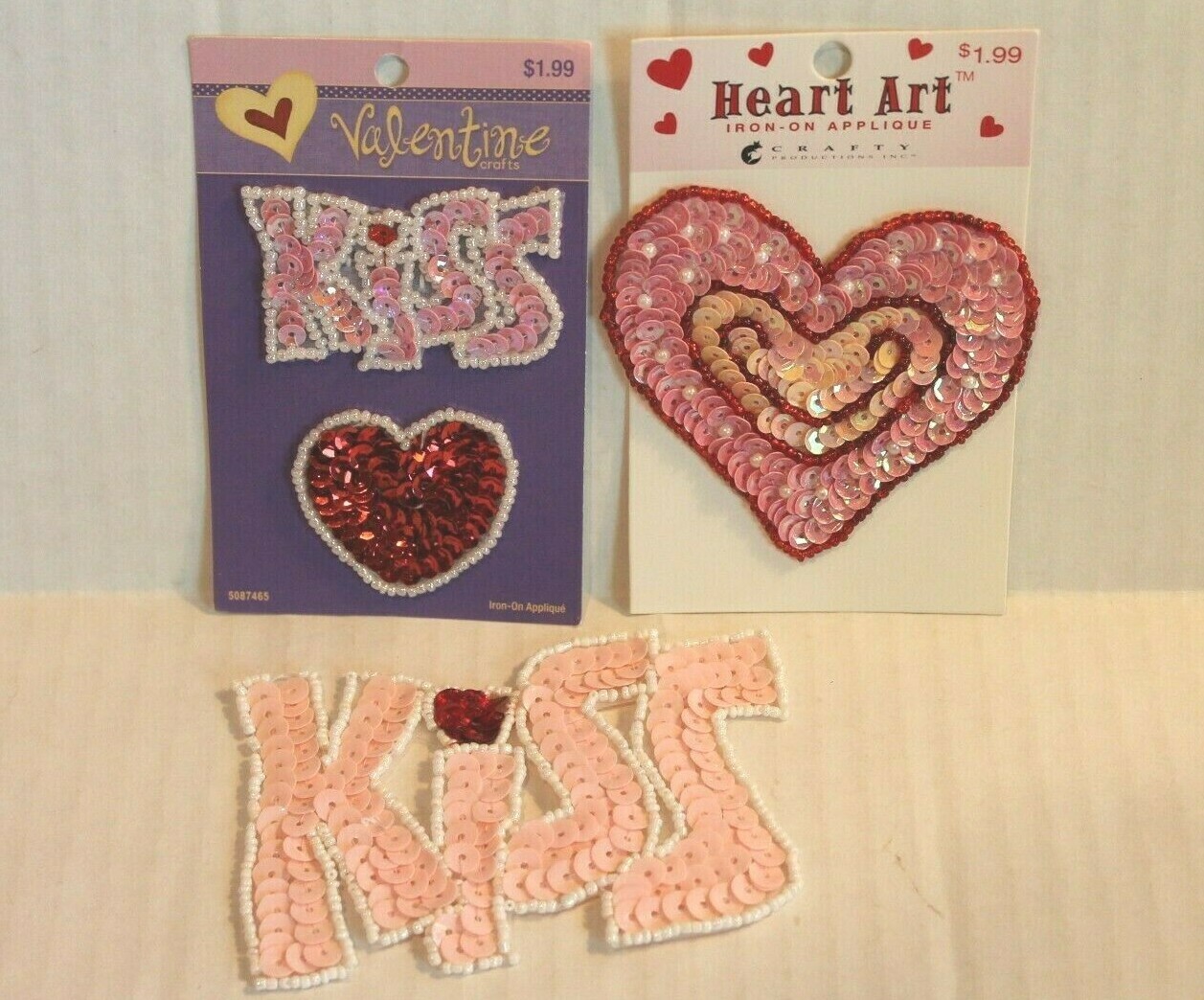 Valentine's Day Iron-On Sequin Appliques Bling Embellishments Hearts & KISS