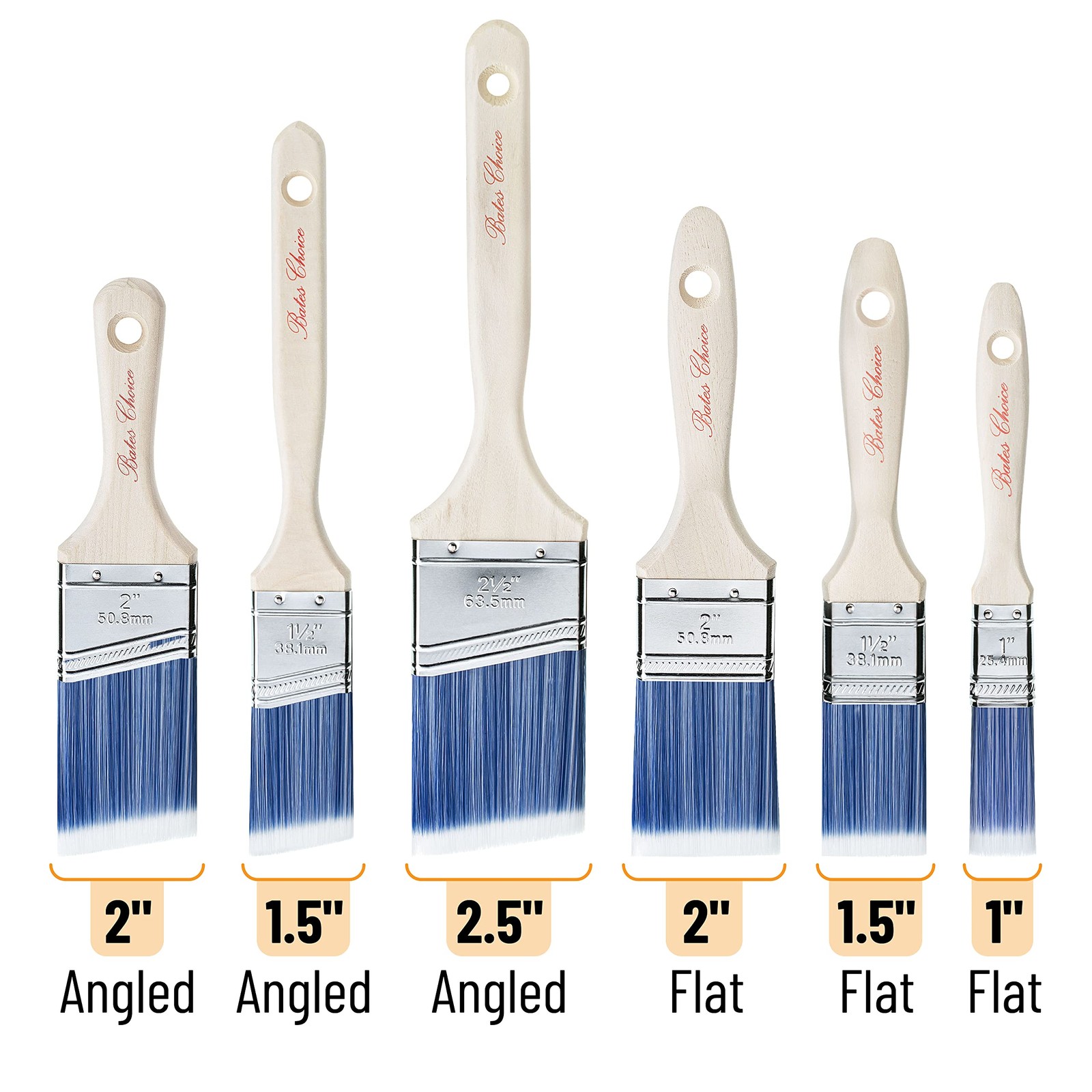 Bates Paint Brushes | 6 Pack w/ Flat & Angled Styles | Smooth Finish