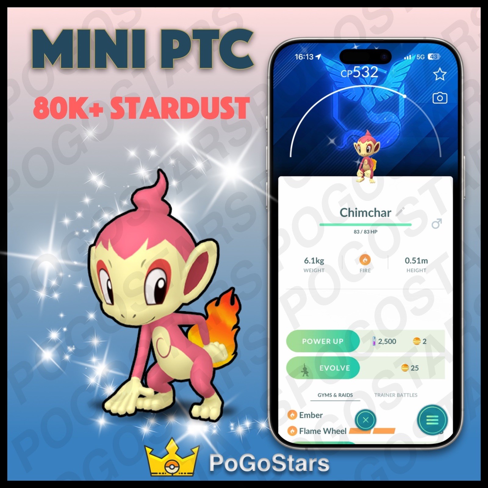 Pokémon PTC Go - Shiny Chimchar - Team Mystic✨Special Background✨