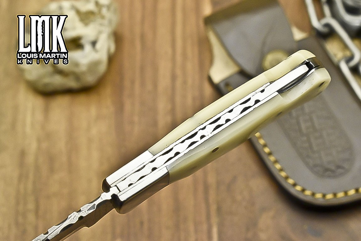 LMK Custom Twist Damascus Pocket Folding Knife Bone Back Lock Hiking Razor Sharp