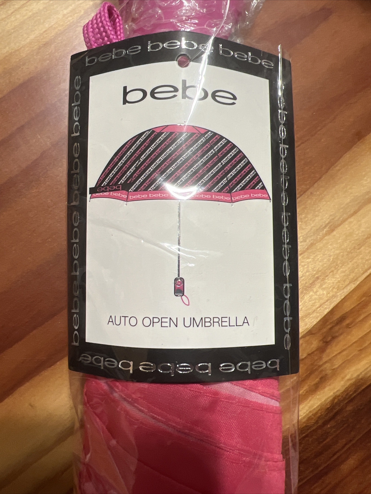 BEBE Designer Umbrella Easy Auto-Opens Pink & Black NWT MSRP $40