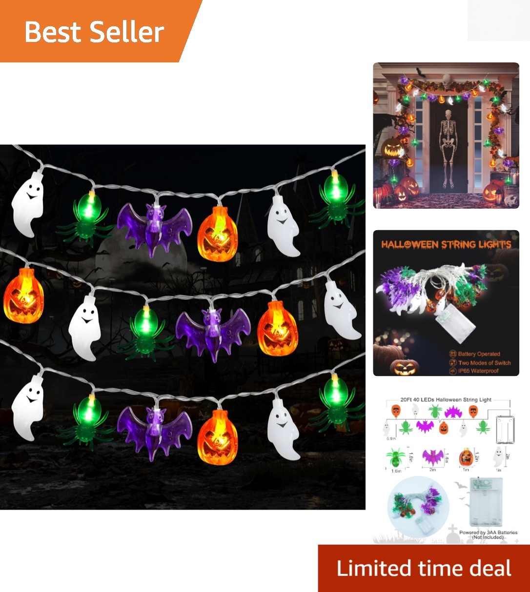 Battery-Operated 20FT Waterproof Halloween Twinkle Lights - Pumpkins & Ghosts