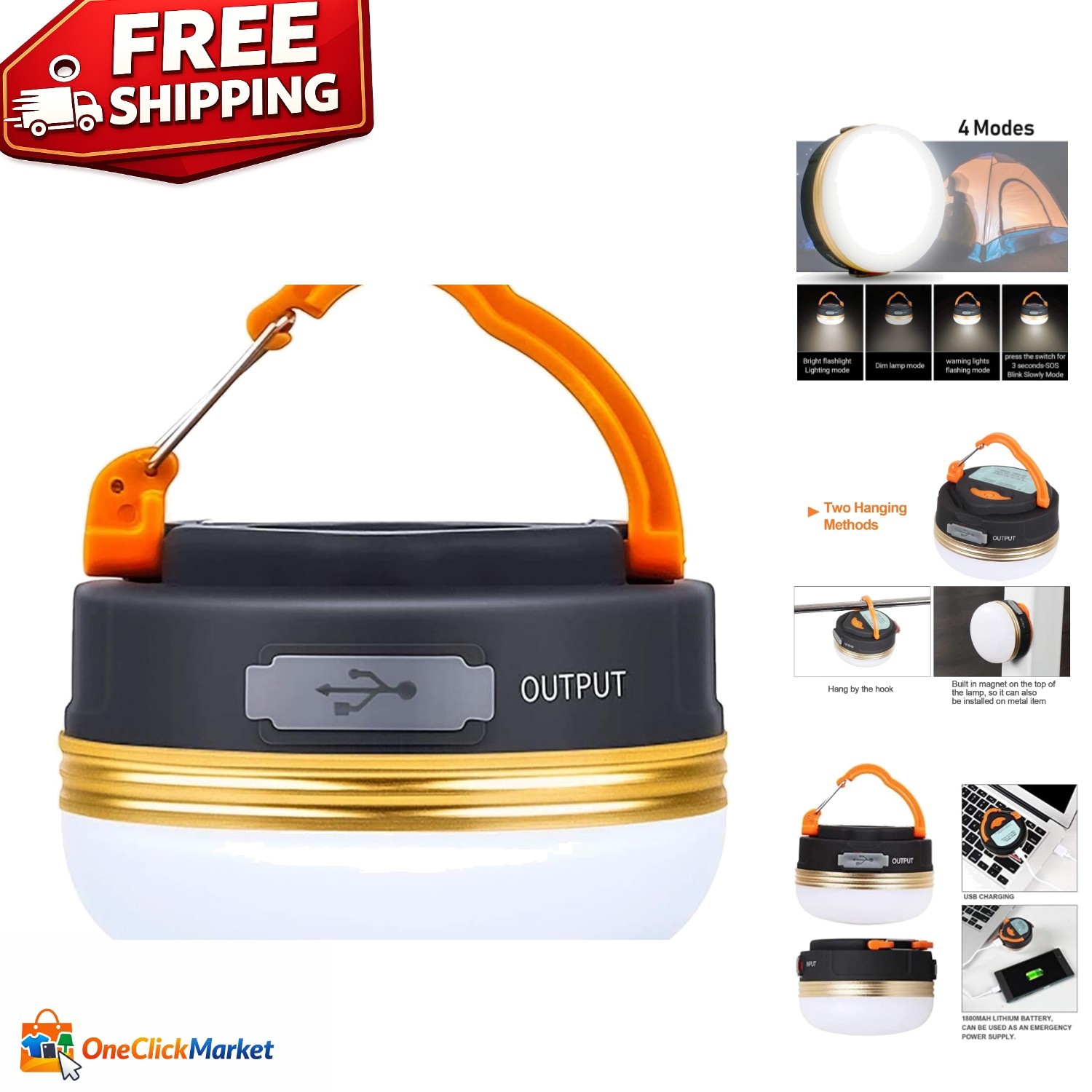 300LM Rechargeable LED Camping Lantern with Magnet Base for Outdoor Adventures