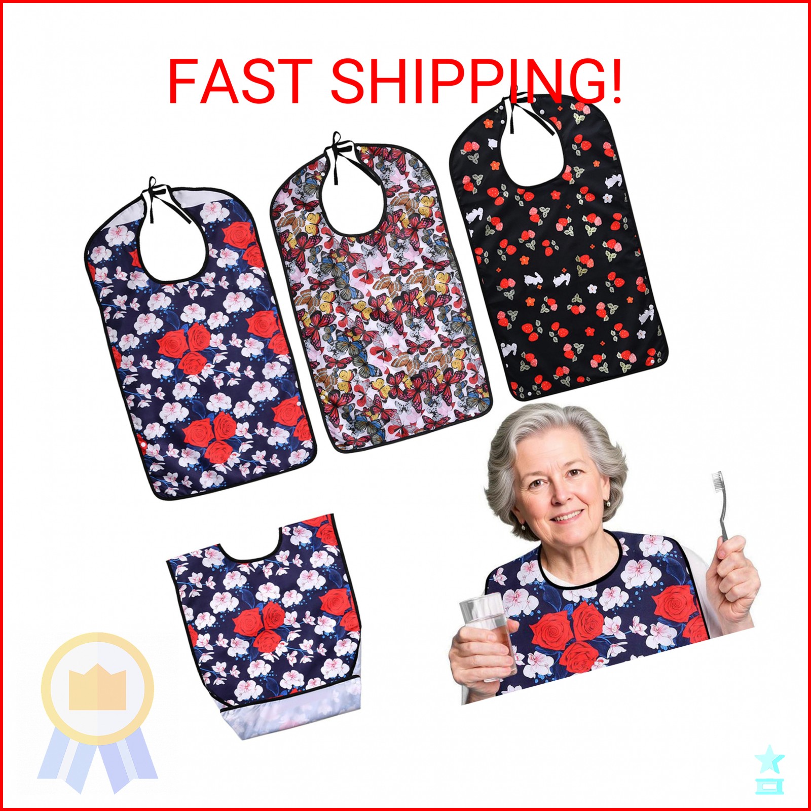 Oulisen 3 Pcs Adult Bibs For Women With Crumb Catcher, Reusable Waterproof Large