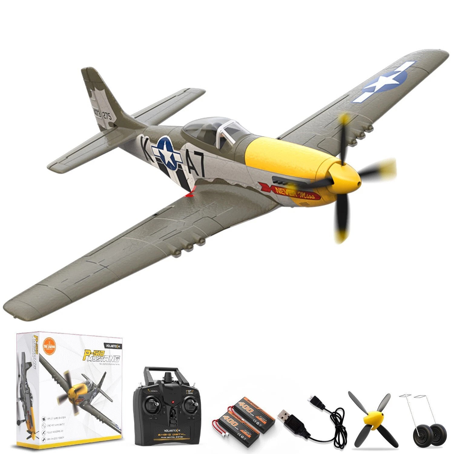VOLANTEX P51D Mustang RC Plane 2.4G 4CH Stunt RTF Brushless Motor 500mm LED Toy