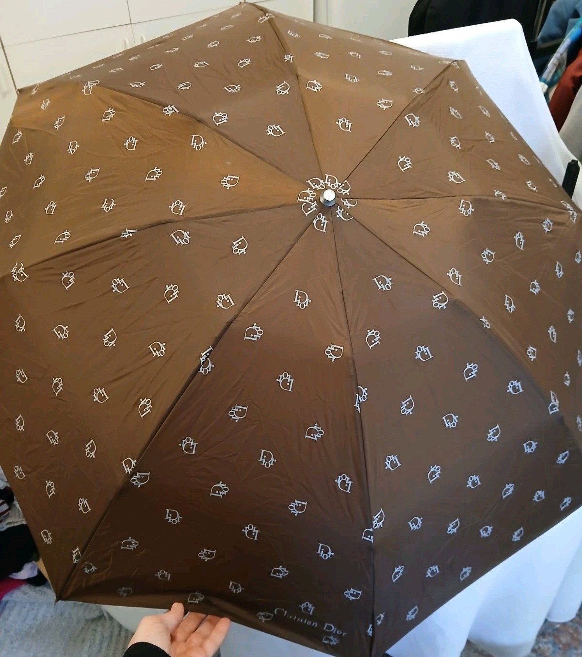 Vintage Christian Dior Compact Travel Monogram Umbrella Brown w/ Dior Case