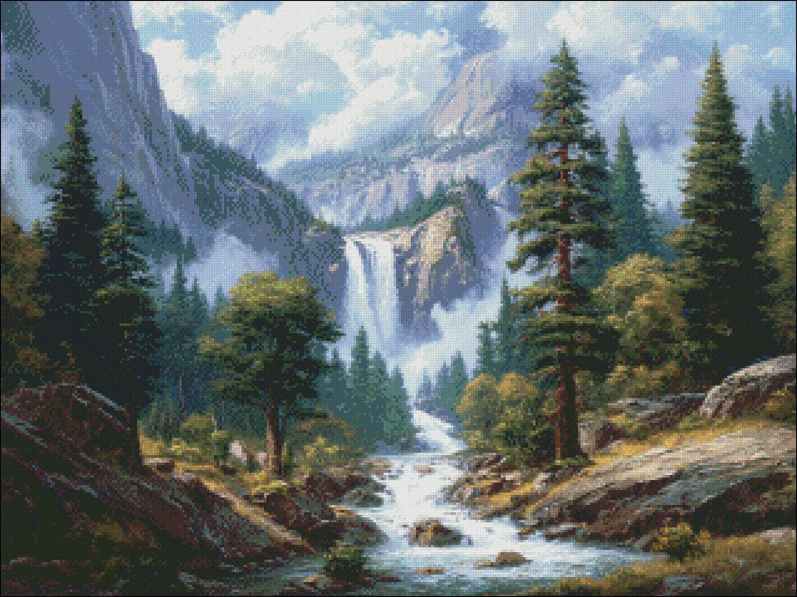 Waterfall in Yosemite 2 - DIY Chart Counted Cross Stitch Patterns Needlework DMC