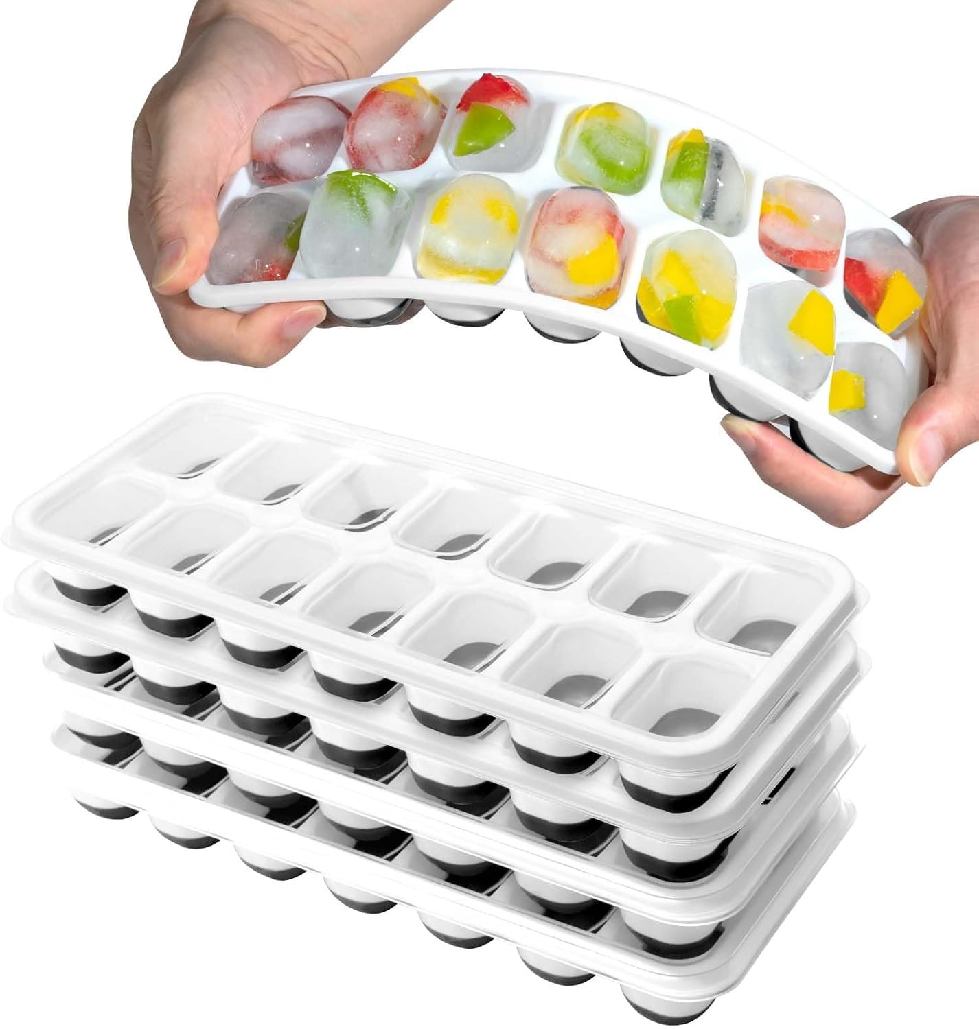 3 Pack Ice Cube Trays W/ Lids Flexible Silicone Bottom Easy Release Stackable