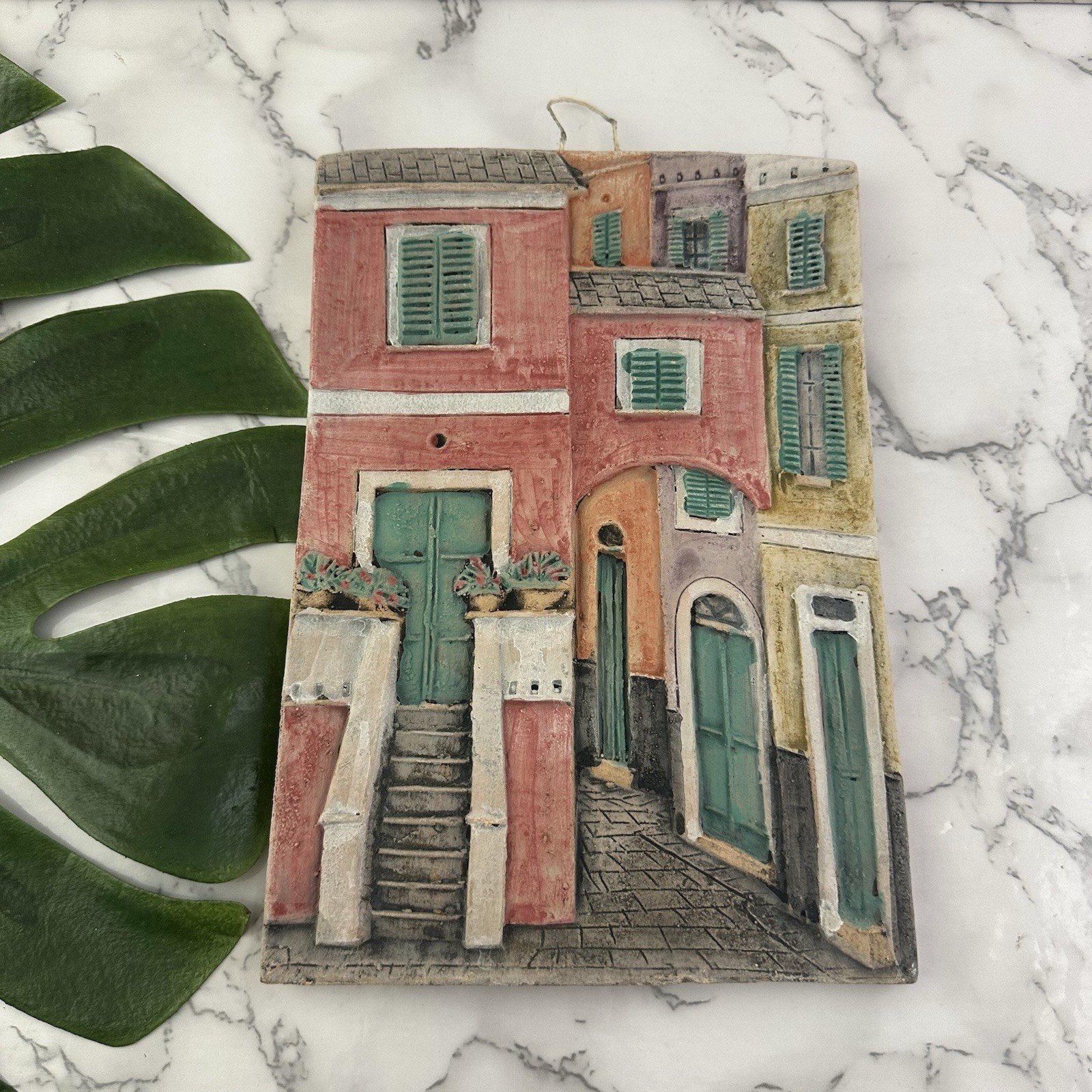 Vintage 90s Terracotta Wall Hanging Art Tile 3D Textured Relief Mediterranean