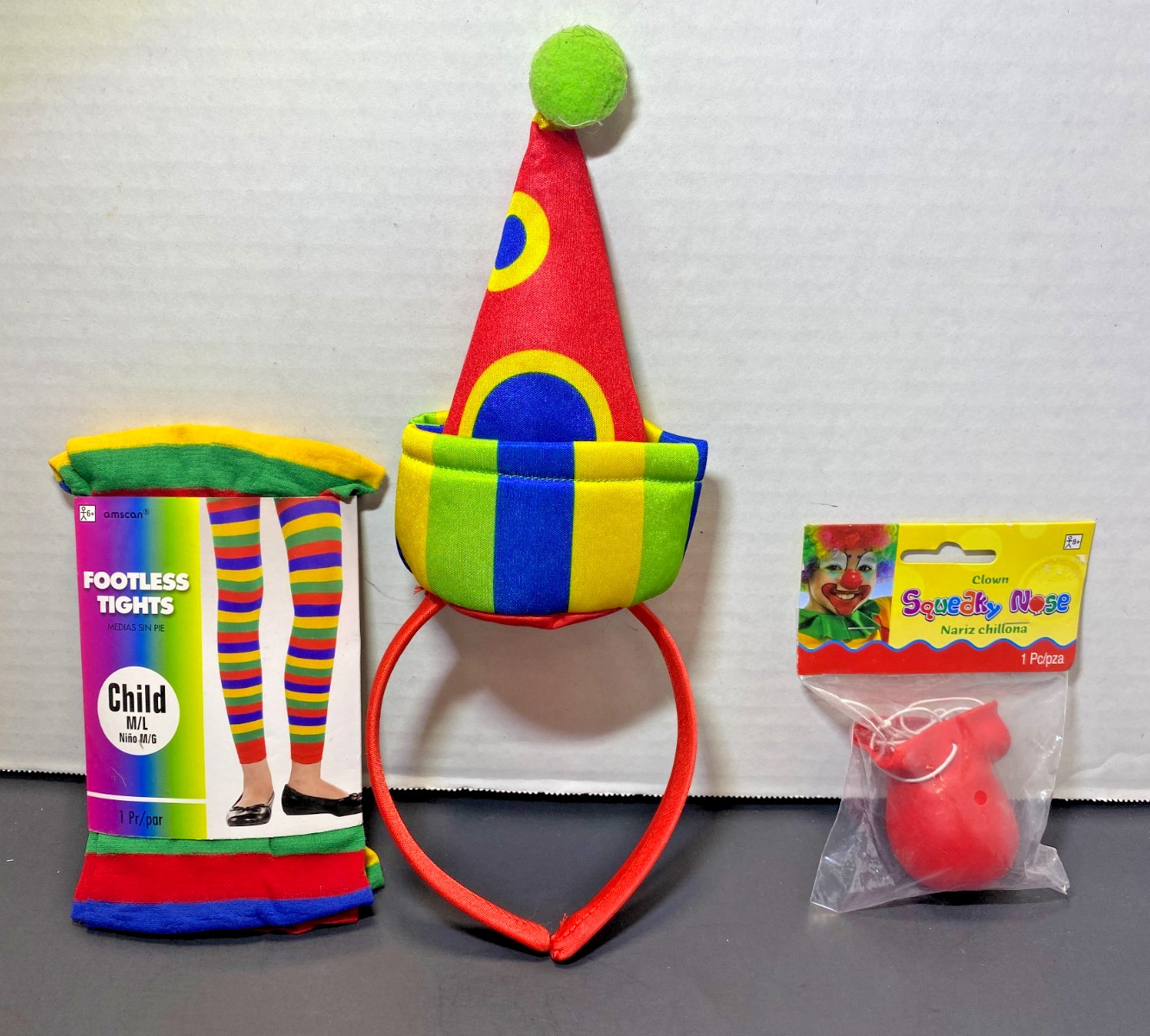 New~Clown Costume Set~Footless Tights (Child size M/L), Squeaky Nose, Headband