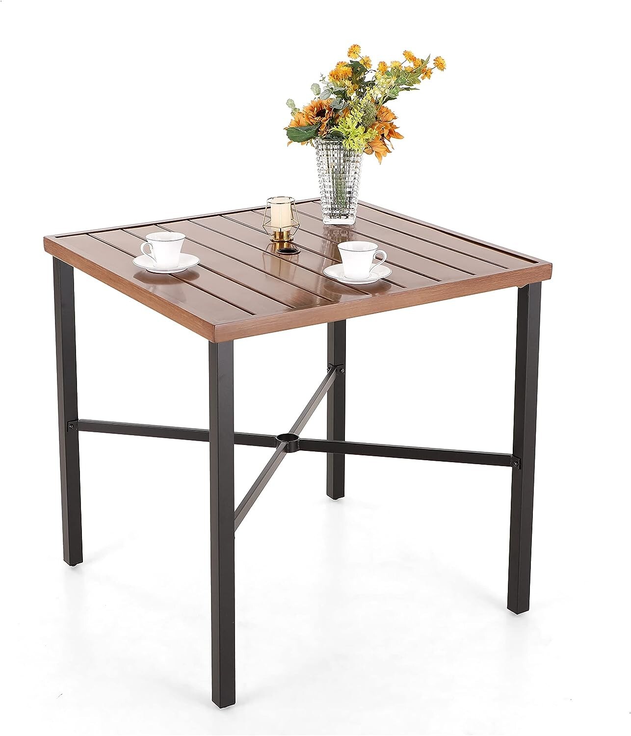 Patio Bar Table Outdoor Square Bar Height Table with Umbrella Hole