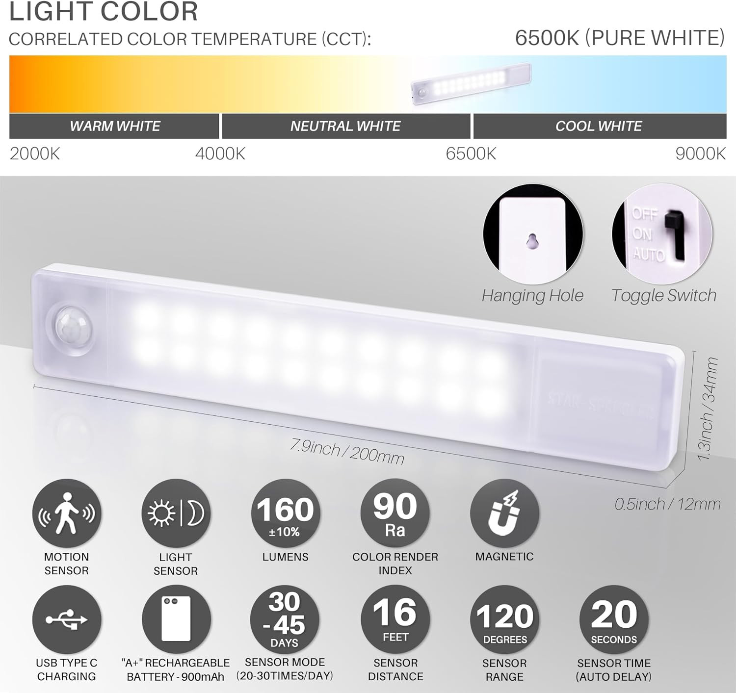 STAR-SPANGLED under Cabinet Lighting Rechargeable, 8 Inch Motion Sensor Lights I