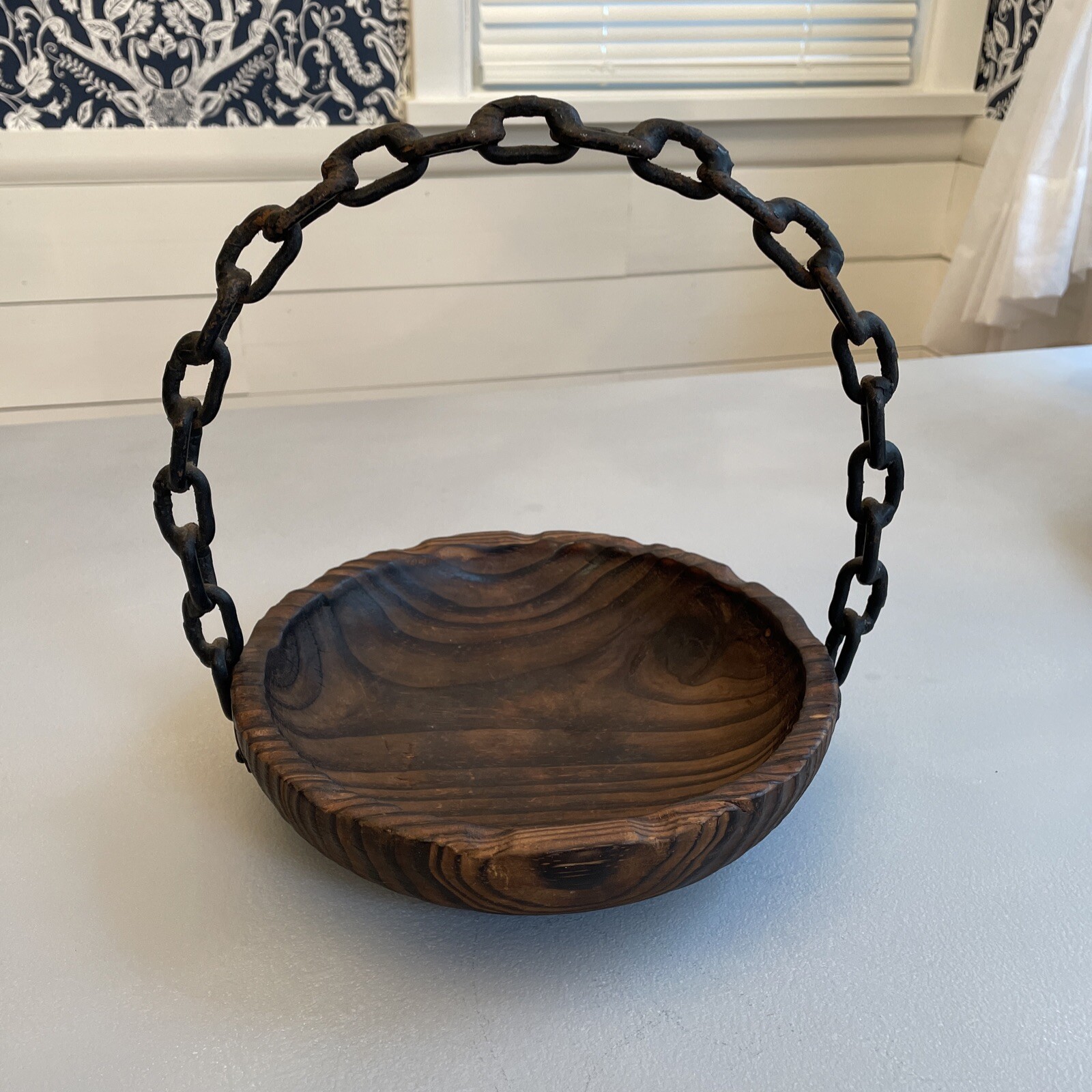 Rustic Wooden Basket with Old Rusty Chain handle Western Or Boho Decor