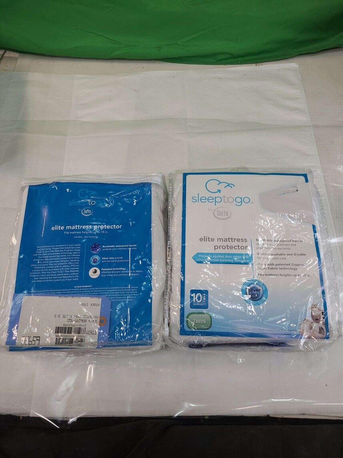 SERTA TWIN SLEEP TO GO ELITE 18" MATTRESS PROTECTOR WITH SCOTCHGARD-LOT OF 2
