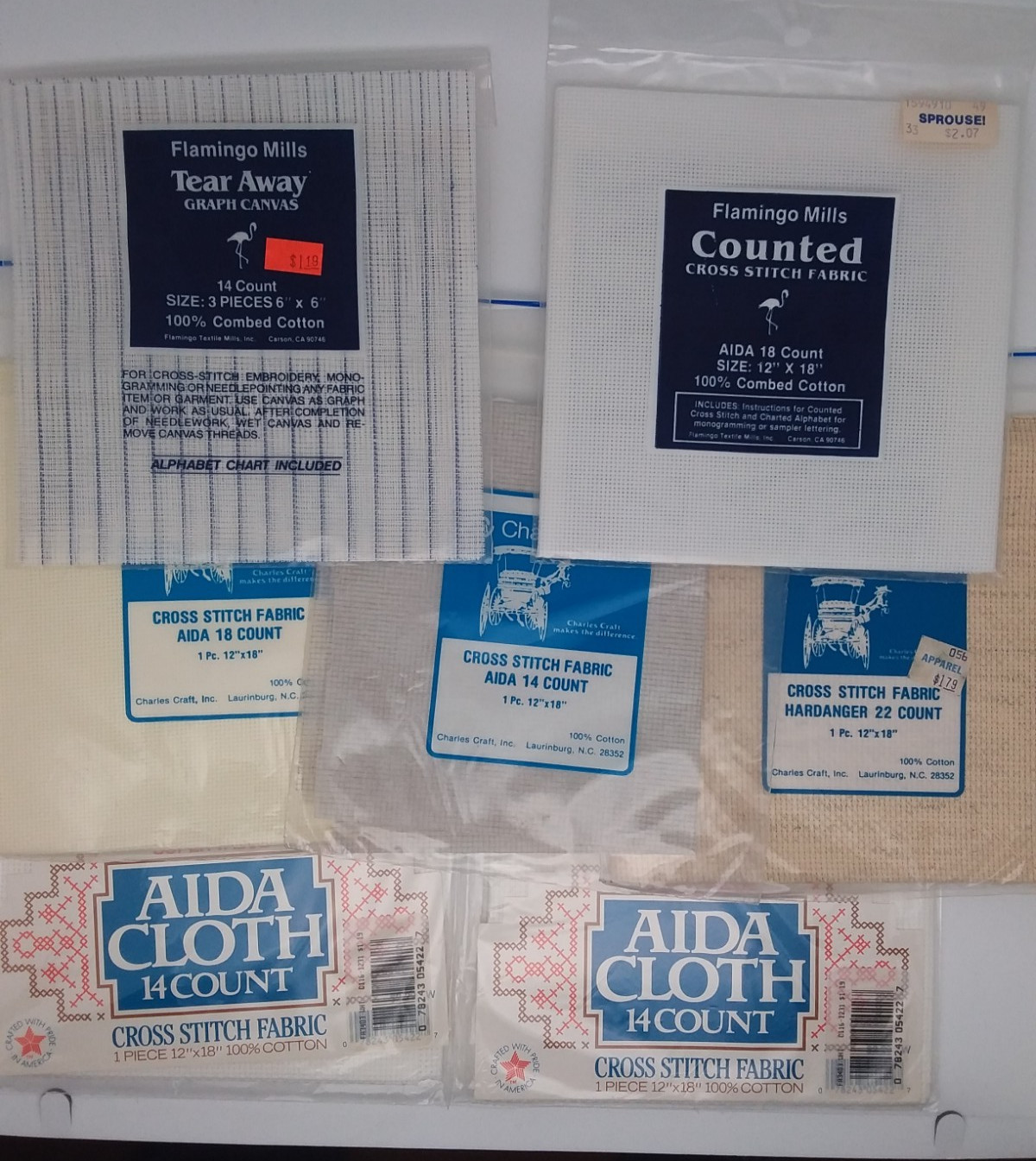 Lot of 7 Charles Craft AIDA Flamingo Cotton CROSS STITCH FABRIC 12" X 18" Mixed