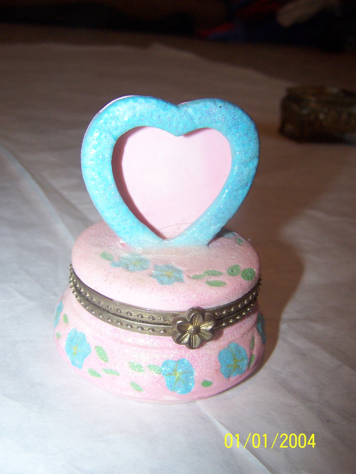 Pink Trinket Box Heart Top is a Photo Holder 3 1/4" Tall  x 2 1/2" Round