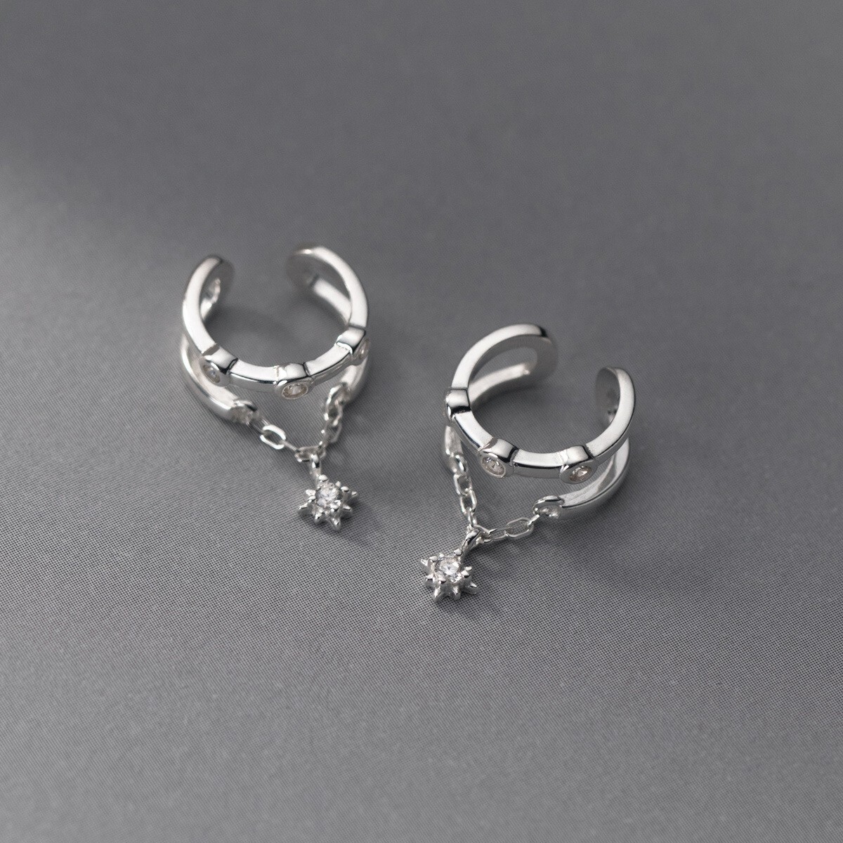 925 Sterling Silver Clip On Ear Cuff Unisex Non Piercing Earrings Crystal Star