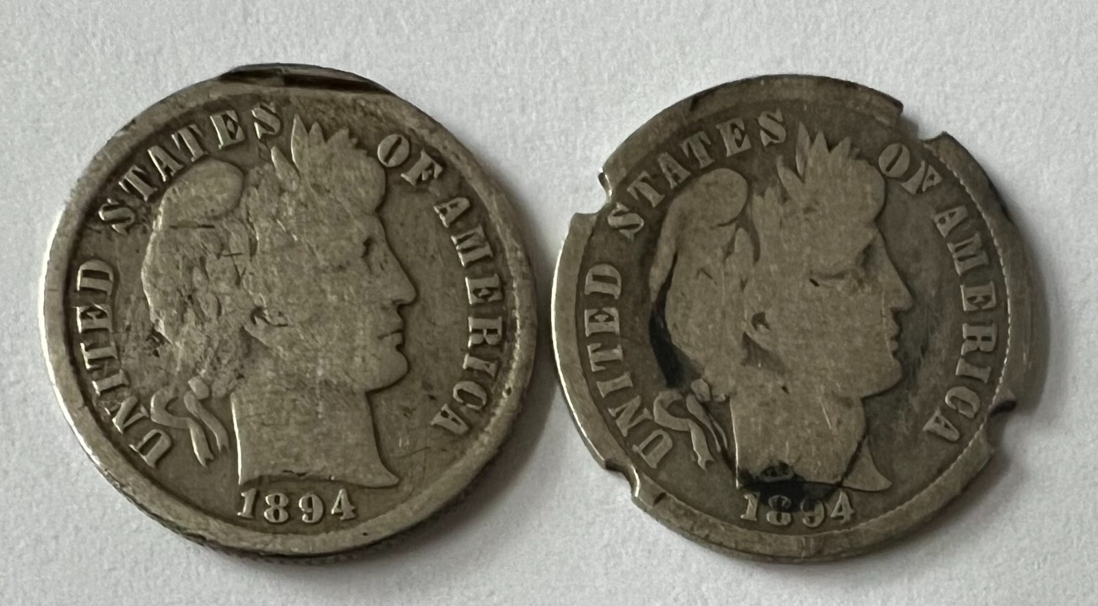1894-P AND 1894-O BARBER DIMES, 2 KEY DATE COINS, SEE PHOTOS, COINS HAVE DAMAGES