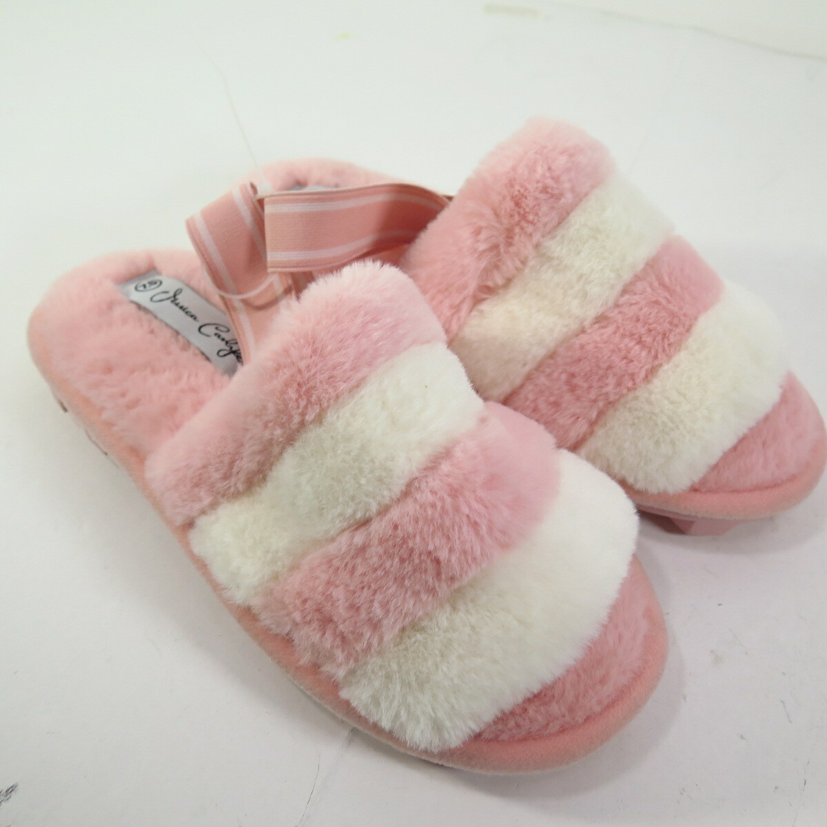 Jessica Carlyle Women's Pink White Striped Faux Fur Slip On Slippers Sz 8 NWT