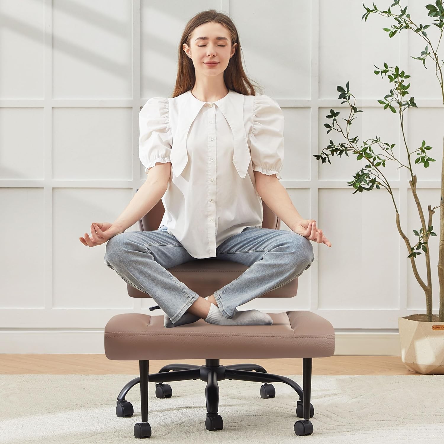 Criss Cross Legd Office Chair with Wheels, Swivel Meditat Chair for