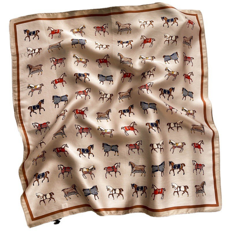 100% Silk Small Scarf Women Neckerchief Bandana Fashion Champagne Horse 53*53cm