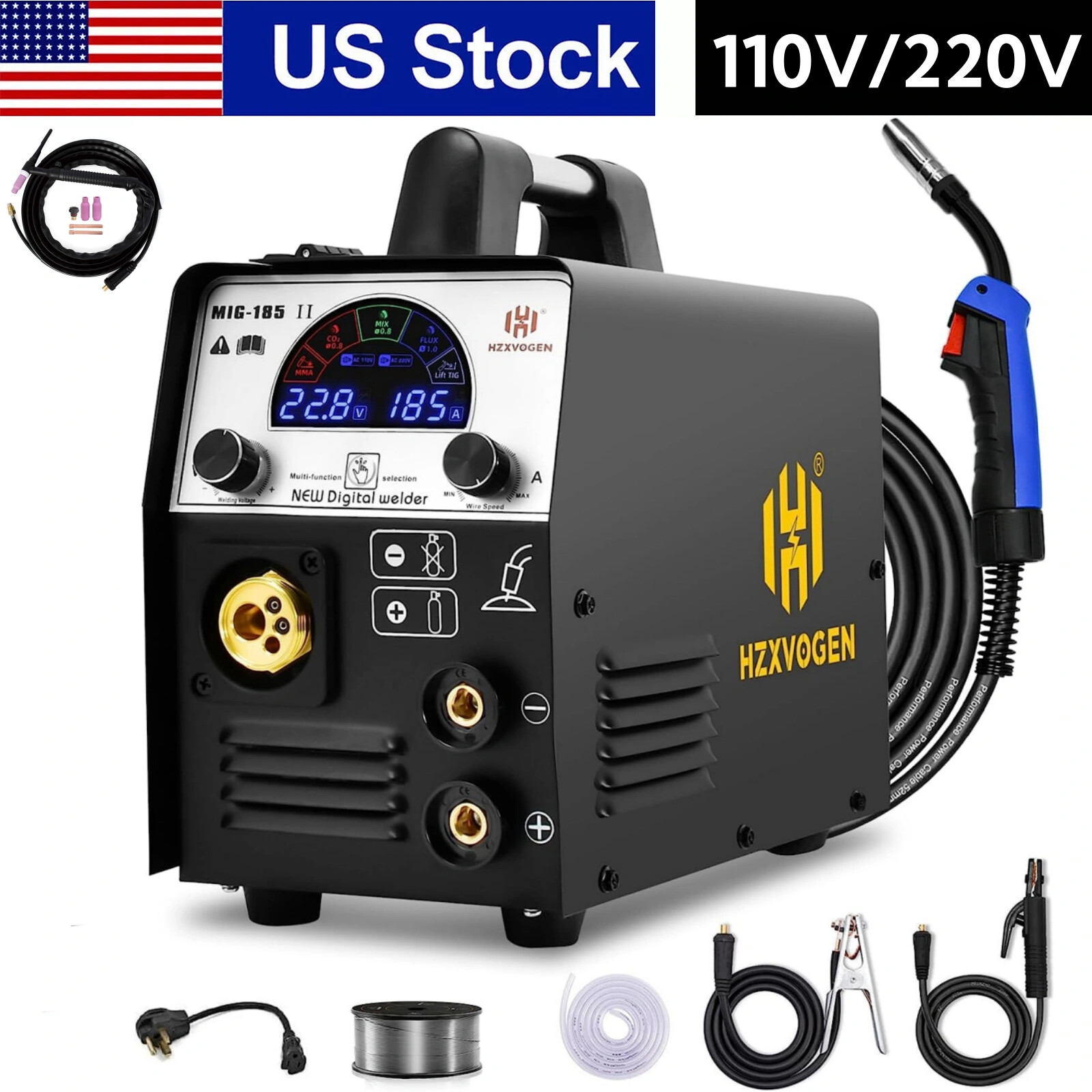 HZXVOGEN 185Amp Welder LED Display 110V/220V TIG MMA MIG Welder with TIG Torch