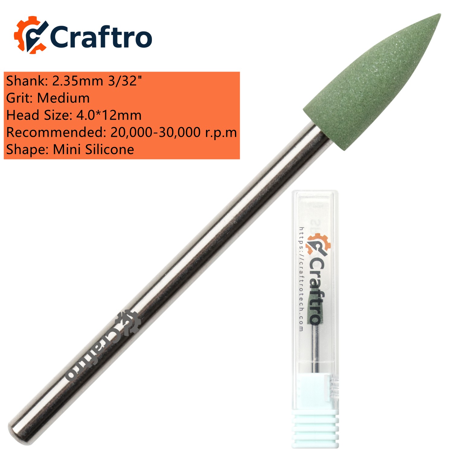 Craftro 2.35mm 3/32'' Nail Drill Silicone Polisher Bit Grinder Smoothing M Grit